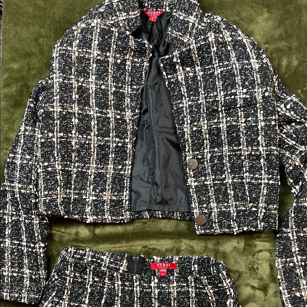 Guess Black and White Plaid Blazer and Skirt set